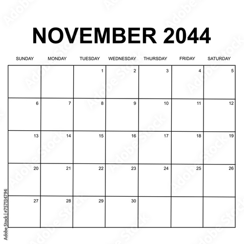 november 2044. monthly calendar design. week starts on sunday. printable, simple, and clean vector design isolated on white background.