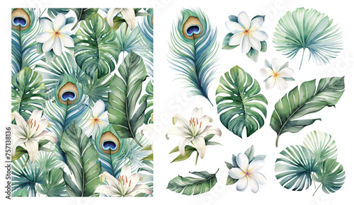 Tropical leaves and peacock feathers seamless watercolor pattern