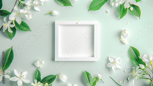 A pristine white empty picture frame centered amidst a delicate arrangement of fragrant jasmine flowers on a neutral background, evoking a sense of purity and simplicity.