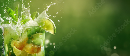 Ice-cold summer cocktail with mint and lime, close-up view of a Mojito cocktail with splashes, wide green background with copy space
