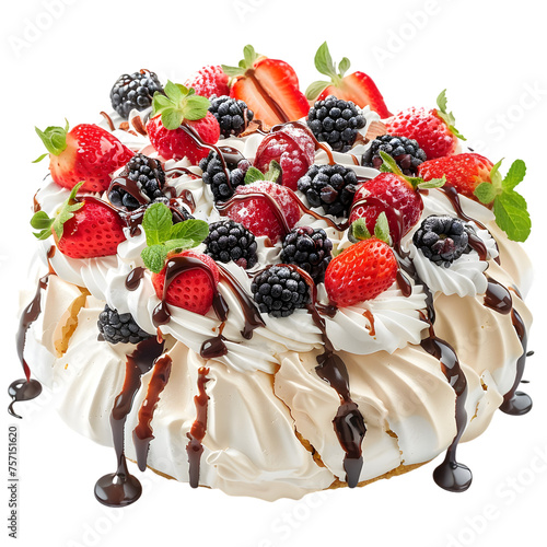 Pavlova cake meringue cake with fresh berries and fruits isolated on transparent background 