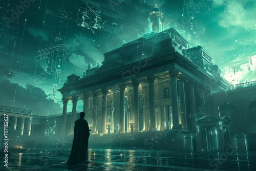 Mysterious Dark Knight Standing in Front of Massive Building in the Midnight City Skyline