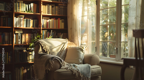 A cozy reading nook tucked away in a corner of a sunlit room, with shelves filled with books and a comfortable armchair.
