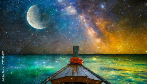Ocean on the ship, Milky way and a faint moon and stars 
