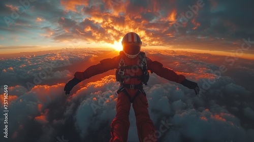 Skydiver in free fall at sunset. Extreme and sporty lifestyle with beautiful skies. Parachute jump.