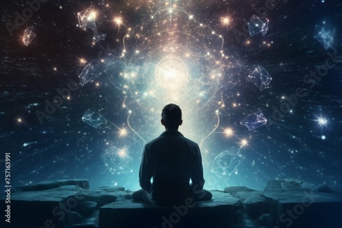 meditating man with a lotus surrounded by stars