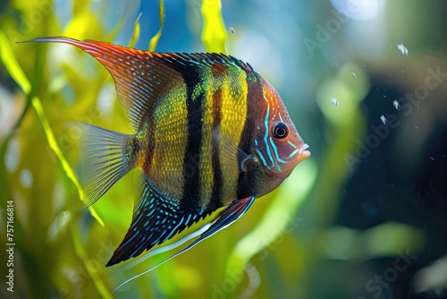 Fish Swimming in Water, Graceful Movement of Aquatic Life, A freshwater angelfish vibrant and colorful amongst floating green algae, AI Generated