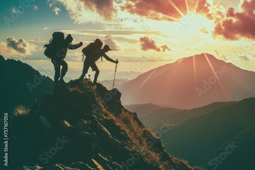 Two individuals hike up a mountain as the sun sets in a breathtaking display of natures beauty, A friend reaching out to aid a hiker in conquering the mountaintop, AI Generated