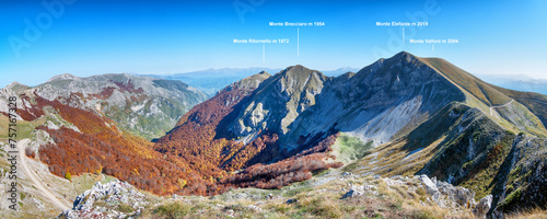 Monte Elefante 2019 m, Monte Valloni 2004 m, Monte Brecciaro 1954 m and Monte Ritornello 1872 m in Terminillo Massif. Rieti mountains, central Italy, Europe. (Cima di Prato Cristoforo viewpoint)..