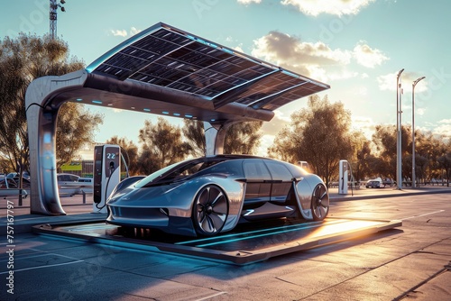 Futuristic Car Parked at Gas Station, A futuristic electric vehicle charging at a solar-powered station, AI Generated
