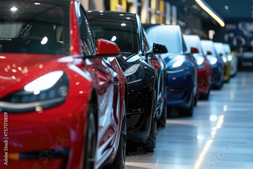An arrangement of multiple vehicles parked side by side in a showroom, showcasing a variety of car models and designs, A group of modern electric cars of various models in a showroom, AI Generated