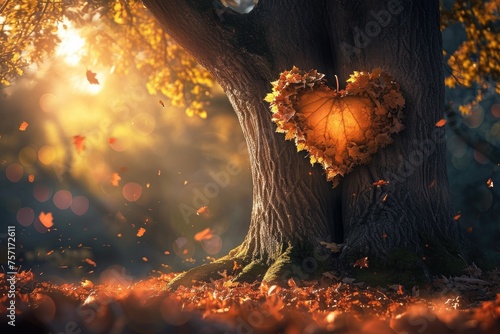a heart shaped tree stands in the middle of a dense forest, capturing the viewers attention, A heart-shaped leaf falling from a giant oak tree, AI Generated