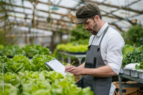 Agriculture concept. Male worker in apron writing notes in notepad while harvesting lettuce at agricultural greenhouse in countryside.