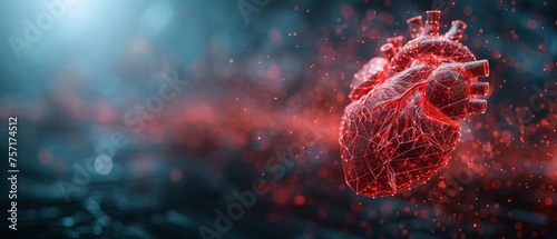 Heart protection by a futuristic guard shield. Abstract red human heart. Health care medical concept. Low poly style Geometric background Wireframe connection structure illustration.