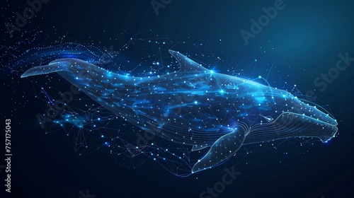 An illustration of a blue whale composed of polygons. The whale consists of lines, dots, and shapes. Wireframe structure for light connections.