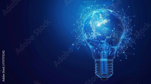 Abstract blue light bulb with planet Earth inside. Earth hour concept. Geometric background. Wireframe lights. Modern graphic. illustration.