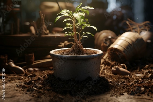 A close-up of a sapling in a pot