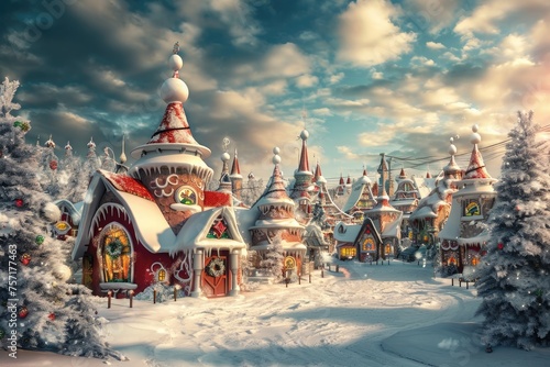 Experience the magic of the holiday season with a charming Christmas village blanketed in snow, A magical landscape of Santa's village in the North Pole, AI Generated
