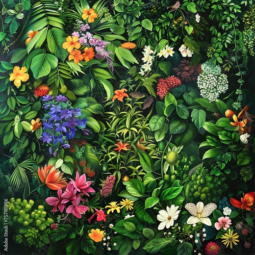 Create a serene portrait of the Garden of Eden with lush greenery and colorful flowers