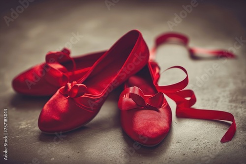 A pair of red ballet shoes with a red ribbon tied neatly, showcasing the elegance and grace of ballet, A pair of red ballet slippers with heart-shaped ribbons, AI Generated