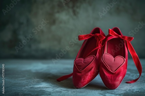 A striking pair of red shoes adorned with heart patterns, perfect for adding a touch of love to any outfit, A pair of red ballet slippers with heart-shaped ribbons, AI Generated