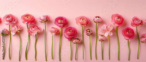 Vibrant ranunculus flowers in various stages of bloom arrayed in a neat row on a delicate pink backdrop, symbolizing spring and freshness.