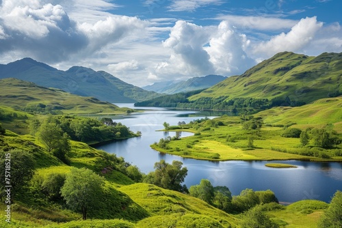 A breathtaking lake surrounded by lush green hills basks under a vibrant blue sky, creating a picturesque scene, A picturesque Scottish highland with rolling hills and lochs, AI Generated