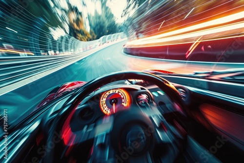 A car races down a busy urban street, moving at a high speed, A POV from the driverâ€™s seat during a high-speed sport car race, AI Generated