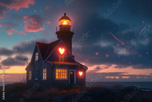 A lighthouse standing tall with a heart-shaped light illuminating the surroundings, A quaint lighthouse beaming heart-shaped lights, AI Generated