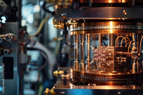 A detailed view of the inner workings of a machine, featuring a prominently displayed clock, A quantum computer in a high-tech laboratory, AI Generated
