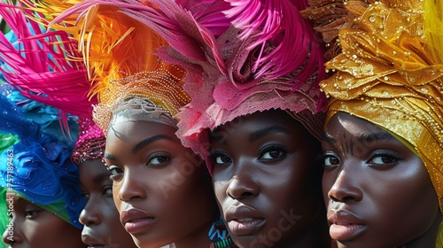 a group of women wearing colorful headdresses