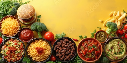 hamburgers and a portion of fries on the table, fresh vegetables and herbs. Concept: fast food restaurant, educational materials about healthy eating and its alternatives, culinary blogs