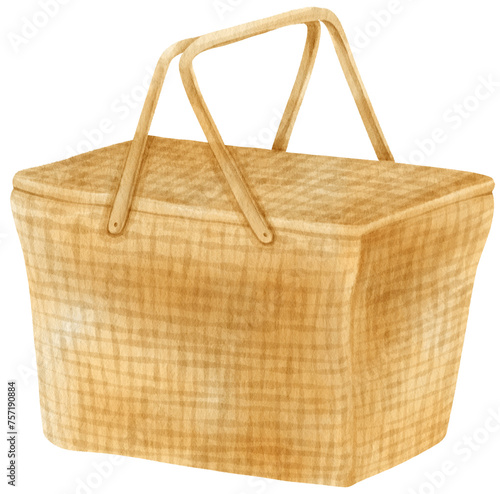 Vintage rattan picnic basket watercolor illustration for summer decorative element