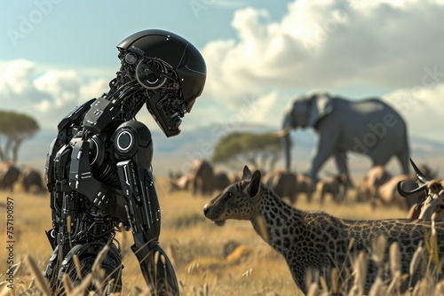 A robot is seen walking through a field next to a baby giraffe, A robot interacting with wild animals, AI Generated