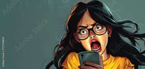 A woman with long black hair and glasses is holding her phone in one hand, screaming at the screen. 