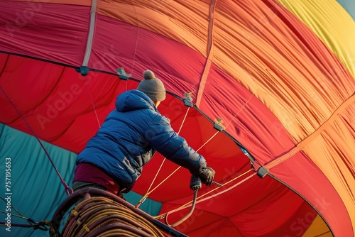 A man wearing a blue jacket is seen inside a vibrant hot air balloon, Person pumping air into a balloon named 'Economy', AI Generated
