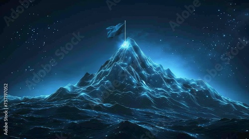 Mountain climbing route to peak. Business journey path in progress to success vector concept. In case of a flag on the top of the mountain, there are lines, triangles and particles.