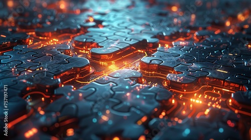 A futuristic puzzle with glowing elements. The strategy involves combining parts to get the desired result or challenge. Modern illustration.