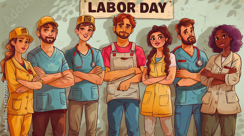 Poster to commemorate Labor Day with workers from different trades