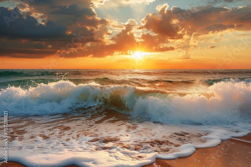 Beauty of sea nature of Mediterranean coast on warm summer evening. Setting sun illuminates stormy waves with caps of foam rolling onto golden sandy beach.