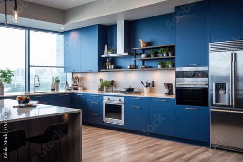 Modern U-shaped kitchen, with a sleek design, in a bold Blue Nova color.