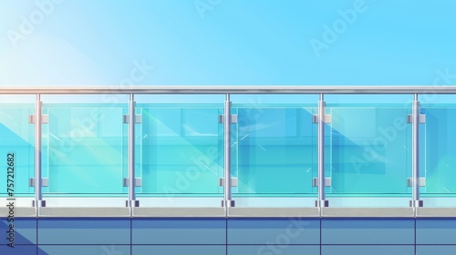 Vertical transparent acrylic handrail for terrace guardrail and fence. For balconies or stairways with plexiglass panels and metal tubular beam fasteners.