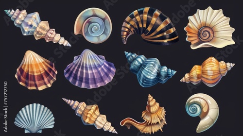 Illustration of contemporary colored seashells and molluscs, seabed design elements, exotic souvenir collection, isolated on black background.