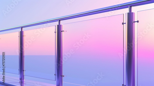 Balcony or terrace fence with glass banister. Metal tubular beam fasteners for stairway guardrail with glass panel. Transparent acrylic barrier.
