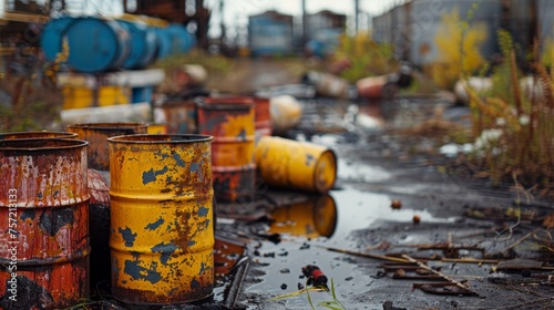 Chemically polluted site with barrels of toxic waste 