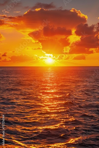 Orange sky with clouds and sunset on the sea horizon.