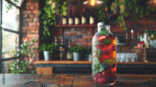 A bottle filled with colorful fruit and berries sits on a wooden bar counter, complementing the cozy ambient lighting