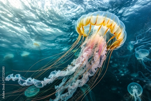 Majestic Jellyfish Floating Underwater with Sunlight Filtering Through Ocean Surface