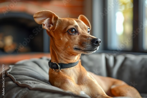 Attentive Brown Dog with Glossy Coat Sitting Comfortably on a Grey Cushion Indoors, Soft Natural Light Illuminating Pet's Features