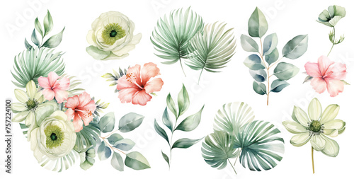 Watercolor tropical bouquet with flowers and green palm leaves isolated illustration